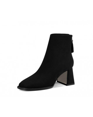 All-match commuting suede square toe high-heeled fleece ankle boots
