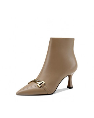 Apricot leather and metal chain stiletto boots