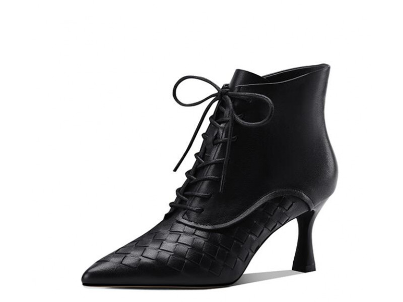 Lace-up vintage woven leather sexy pointed toe stiletto Martin boots Lace-up vintage woven leather sexy pointed toe stiletto Martin boots