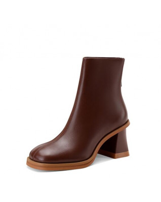 Leather Brown Fleece Block Heel Boots