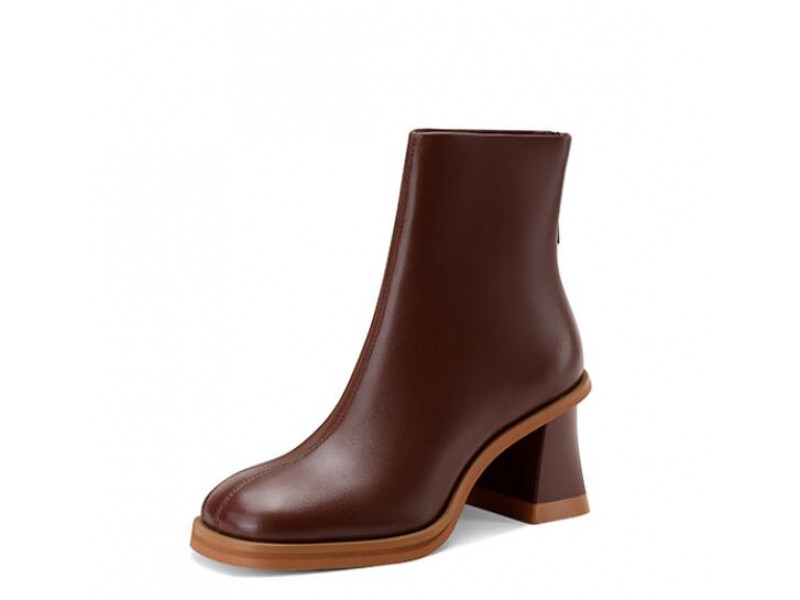 Leather Brown Fleece Block Heel Boots Leather Brown Fleece Block Heel Boots