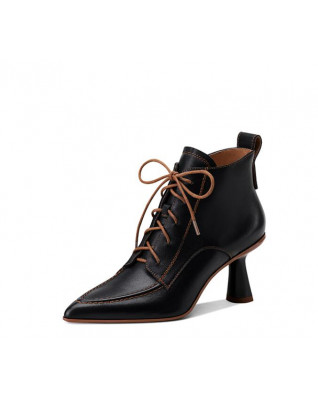 New women's pointed-toe lace-up full leather ankle boots with contrast color inside and outside