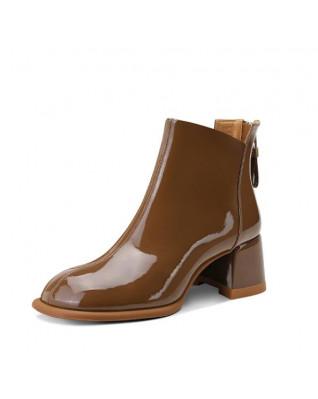 Patent Round Toe Chunky Heel Booties