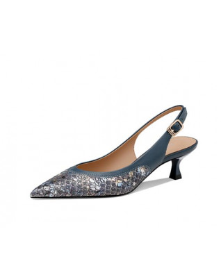 Pointed Toe Comfortable Lazy Back Heel Snake Pattern Leather Baotou Sandals